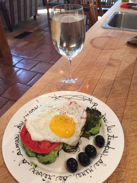 cauliflower and egg stack with white wine
